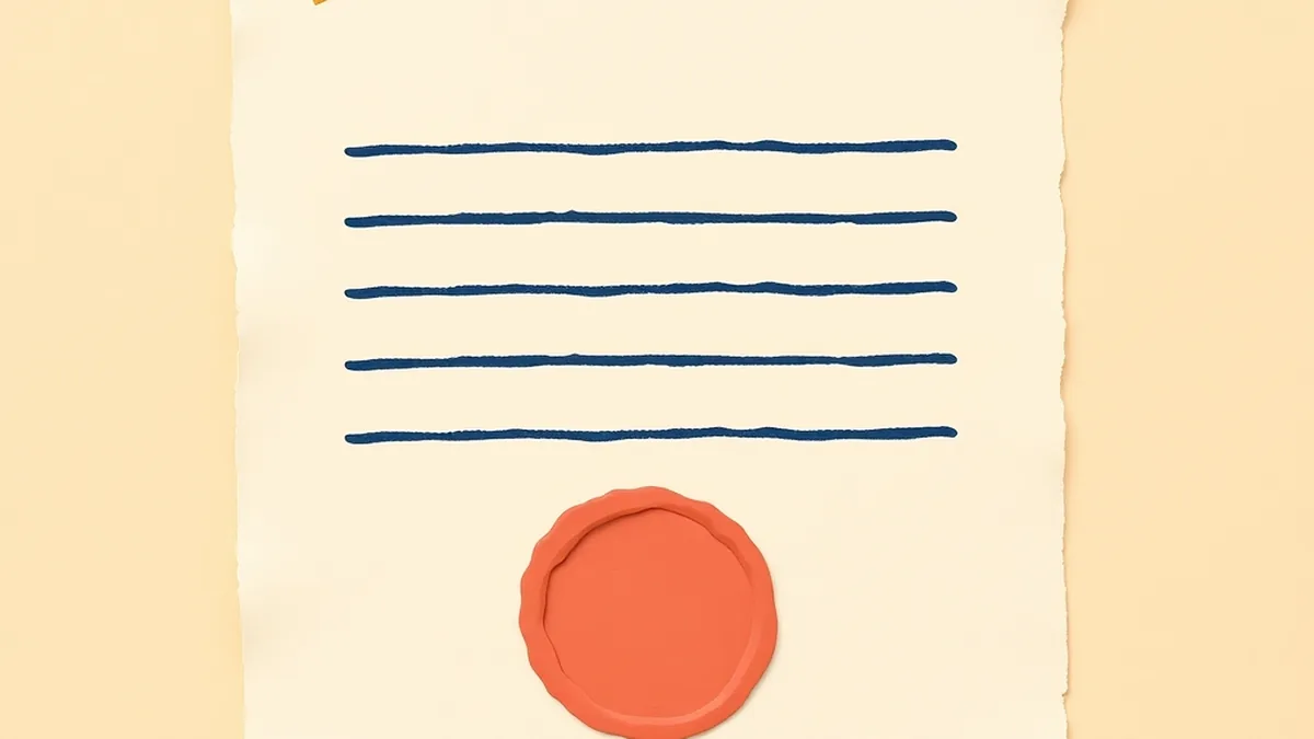 Torn cream paper document sheet with navy dash-rows and a coral wax-seal dot, representing an AI acceptable use agreement for middle school students