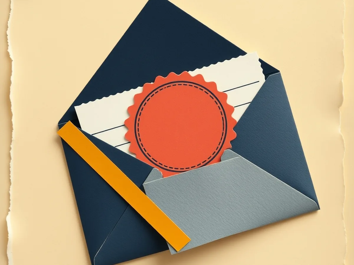 Navy paper envelope cutout with open flap revealing a structured letter page inside and a coral stamp seal on the front, representing formal advocacy letter writing