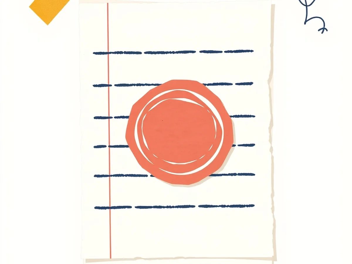 Cream paper document card with a bold coral wax-seal stamp and ruled dash rows, representing a classroom AI norms agreement for Day 1