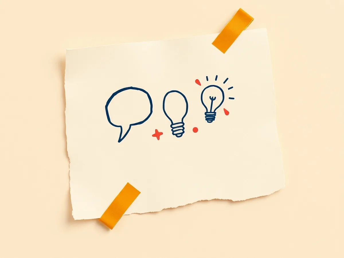 Torn paper card with speech bubble and lightbulb doodles representing human-essential skills AI cannot replace