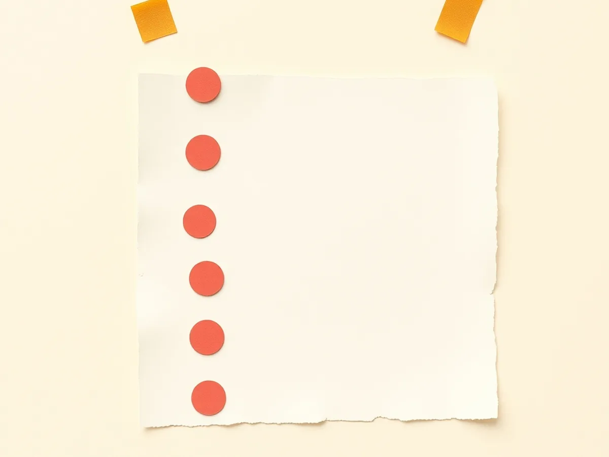 Torn cream card with five coral circle dots in a column on cream paper, representing a 5-criteria AI evaluation rubric