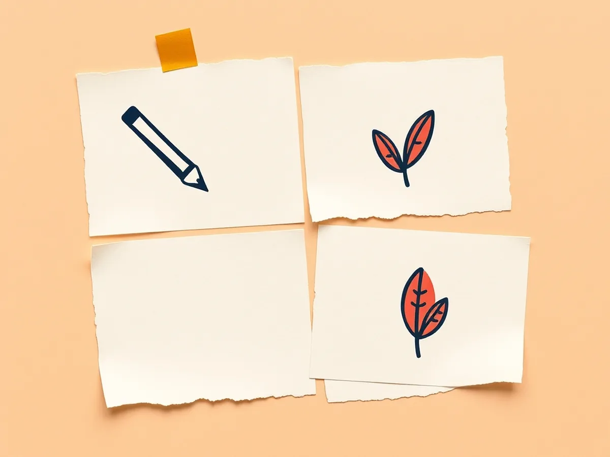 Four torn-paper cards linked by arrow doodles, each with an abstract icon, showing the four-step AI creative writing lesson protocol