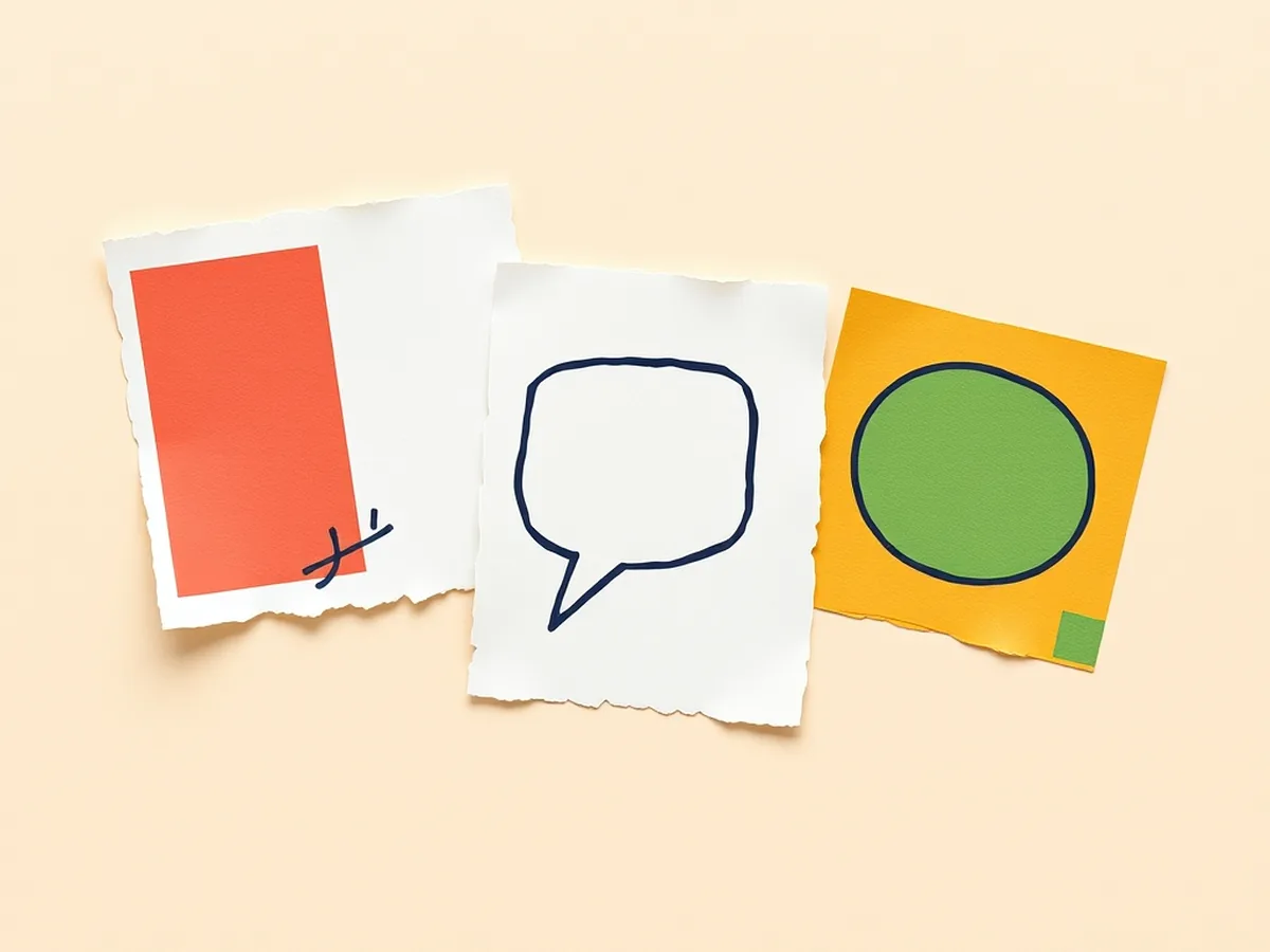 Three paper-cut icon scraps — split-rectangle, speech bubble, leaf — on a mustard washi tape band, representing AI news topics appropriate for grades 6-8