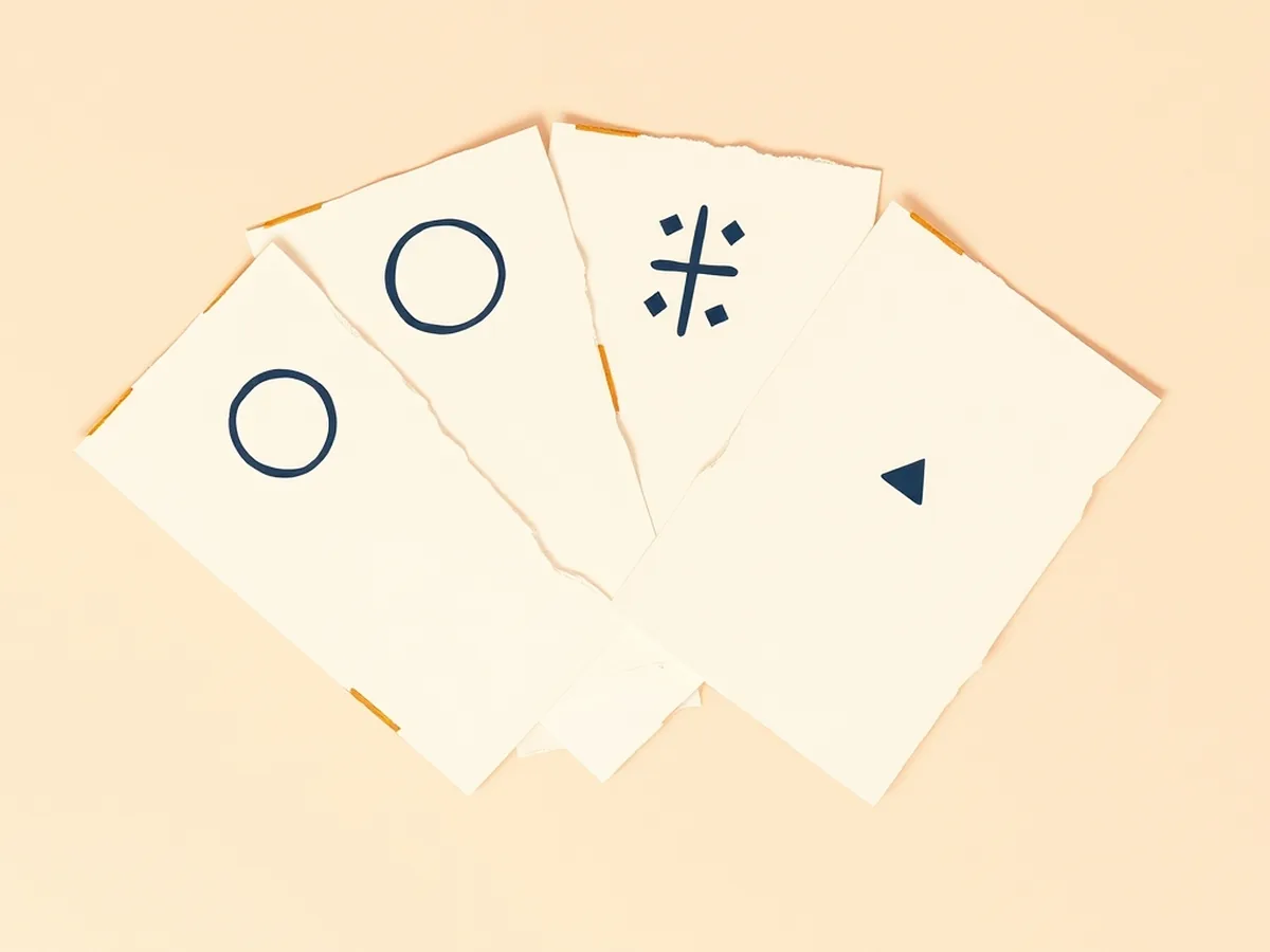 Fan of five cream paper cards with abstract doodle role tokens and a coral talking-stem card, representing the print-and-go discussion protocol