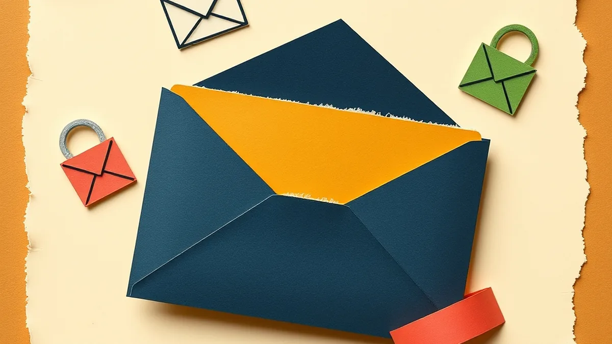 Paper collage illustration of a sealed envelope with small paper shapes drifting outward, representing AI data privacy for middle school students
