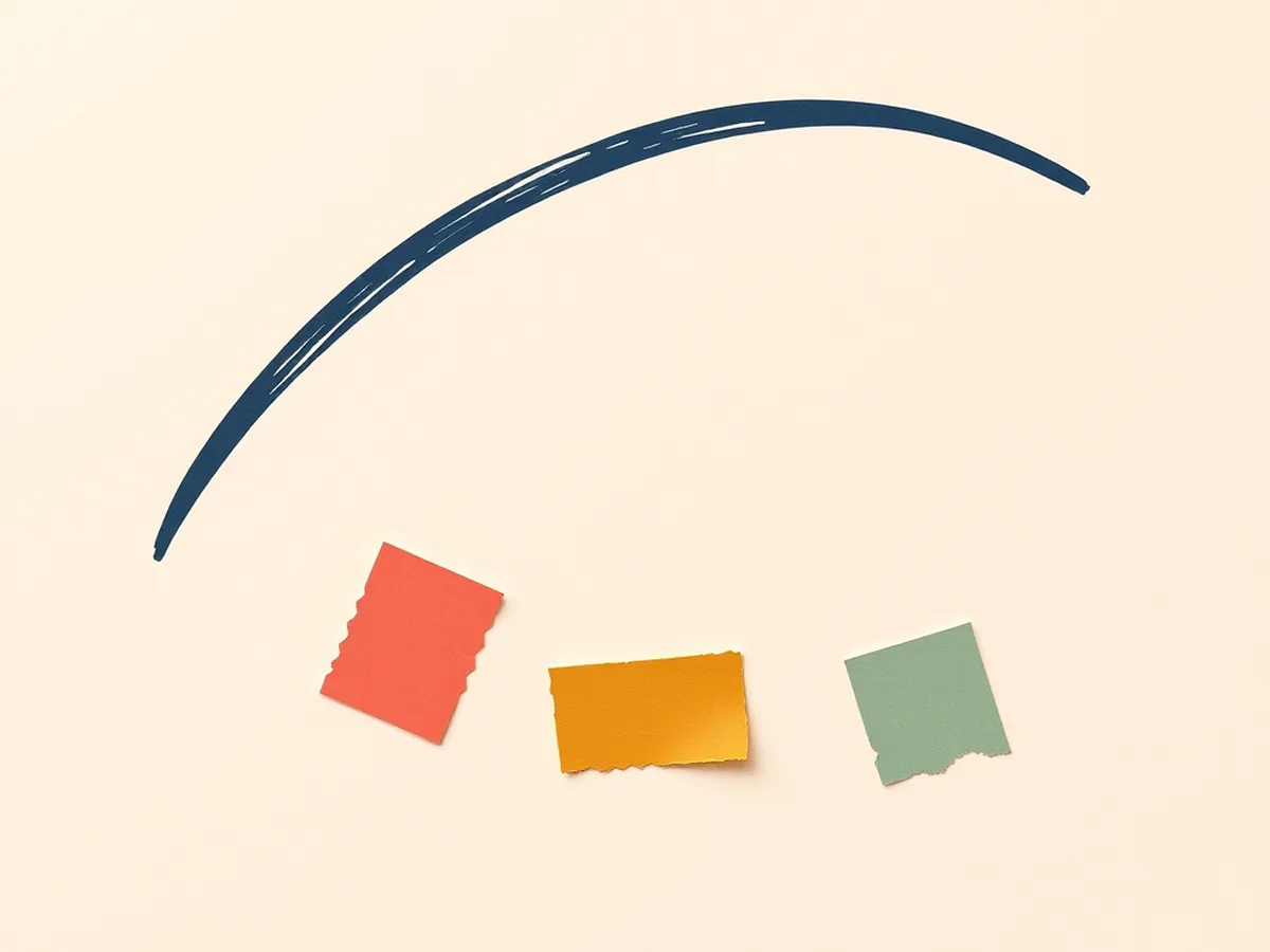 Illustrated curved arrow sweeping over three color-coded paper scraps, representing the iterative student-AI exchange workflow in a literary analysis lesson