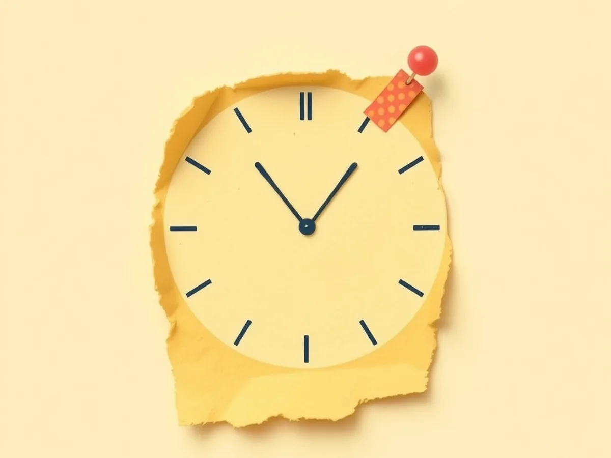 Illustrated abstract clock circle resting on a mustard paper scrap with a navy arrow and green checkmark, representing a 45-minute classroom activity flow