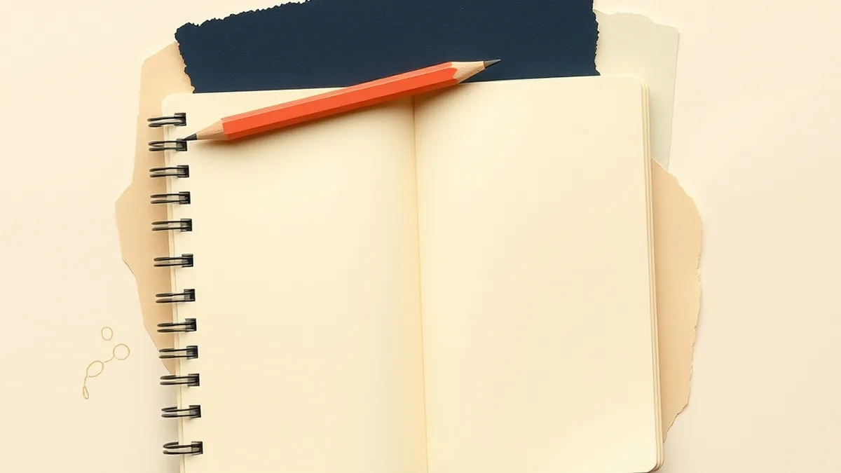Open spiral notebook with abstract line marks and coral pencil — AI ELA writing workshop grades 7 8 craft metaphor
