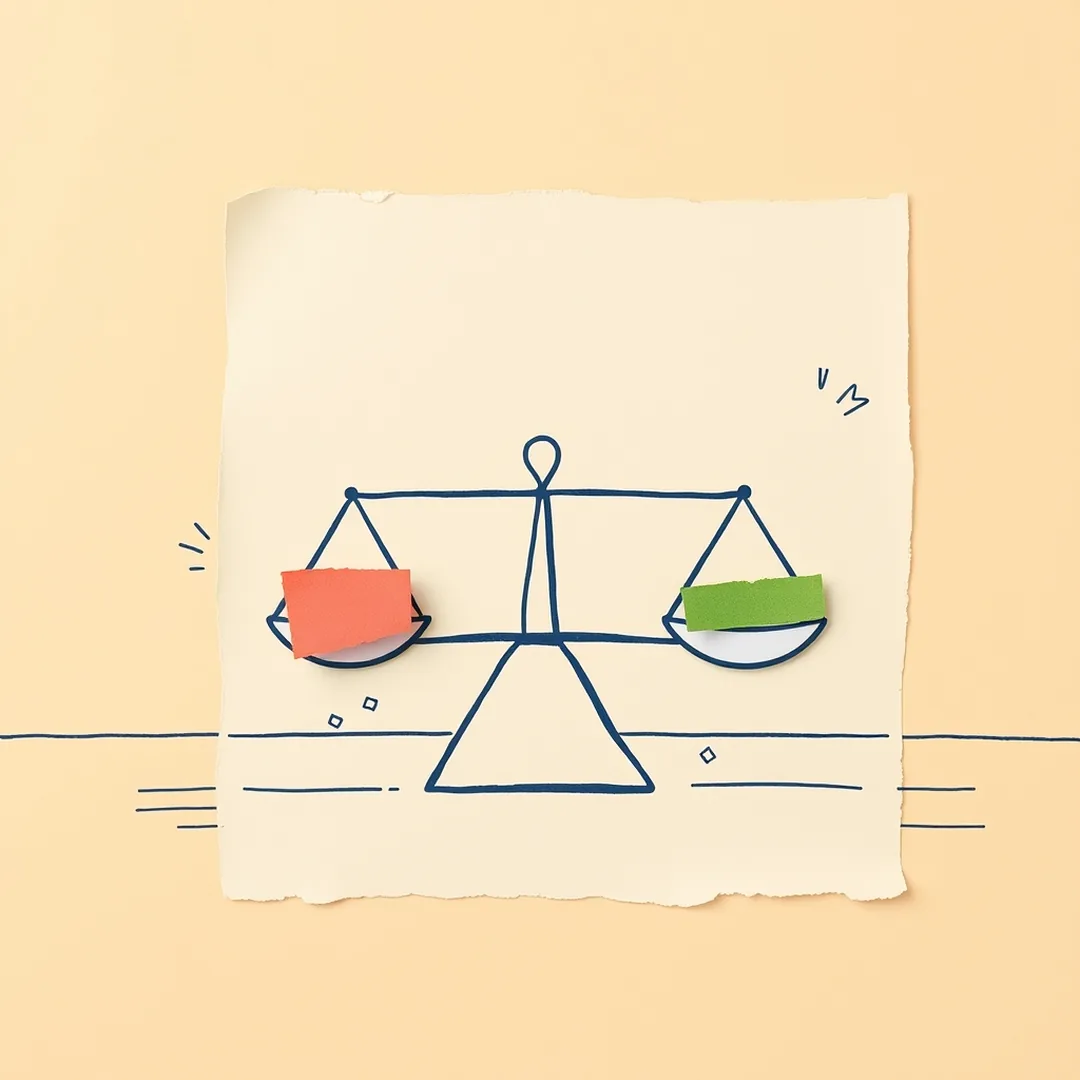 Balance scale with coral and green scraps on uneven pans, representing competing viewpoints in an AI environmental debate