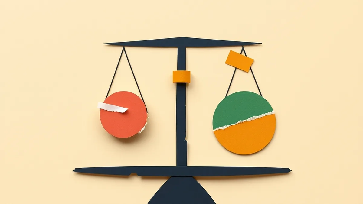 Paper collage balance scale with uneven pans illustrating ethical weighing — ai ethics activity grade 8