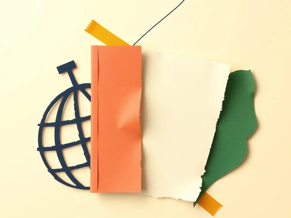 Three overlapping paper collage shapes — globe arc, book spine, diamond — connected by a doodle line, representing cross-curricular AI ethics instruction