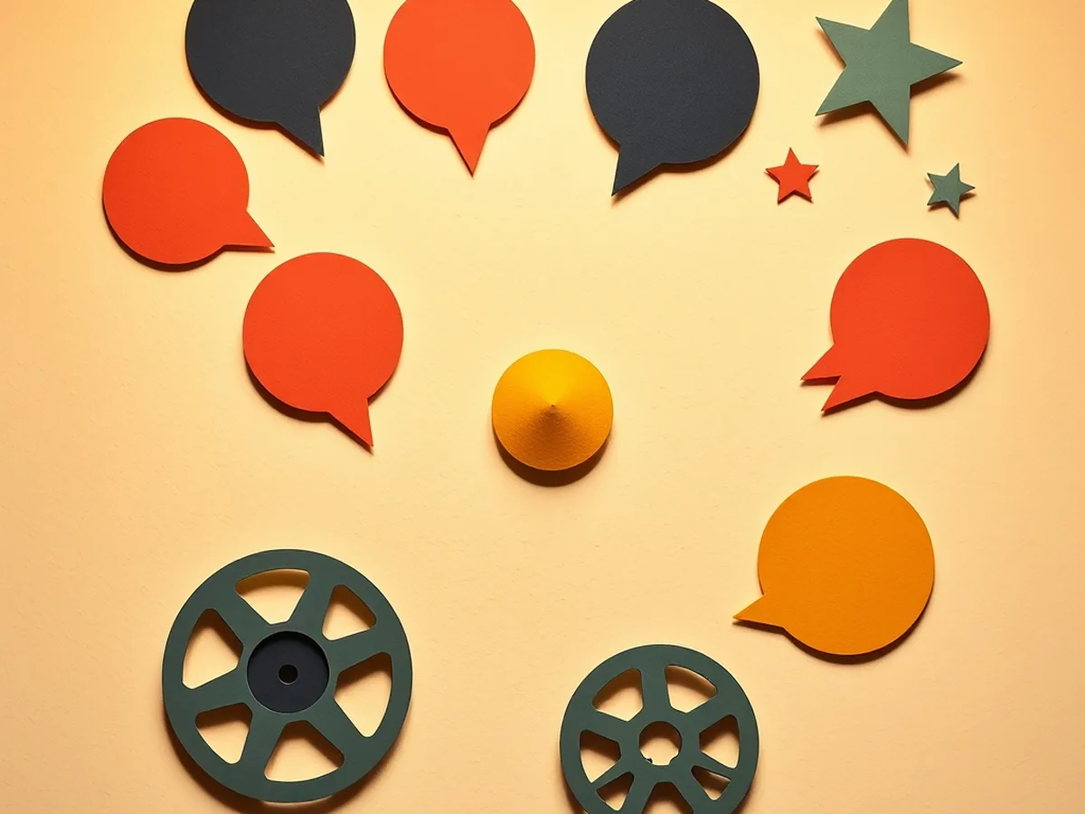 Paper collage of a speaker cone, speech bubbles, and film reels suggesting myths from media and voice assistants