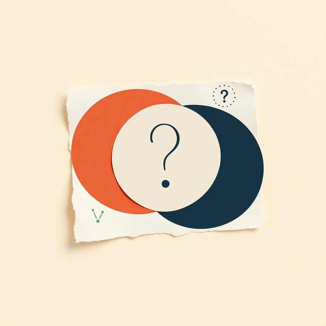 Overhead paper collage of five alternating coral and navy claim cards with a mustard magnifying glass suggesting fact-checking