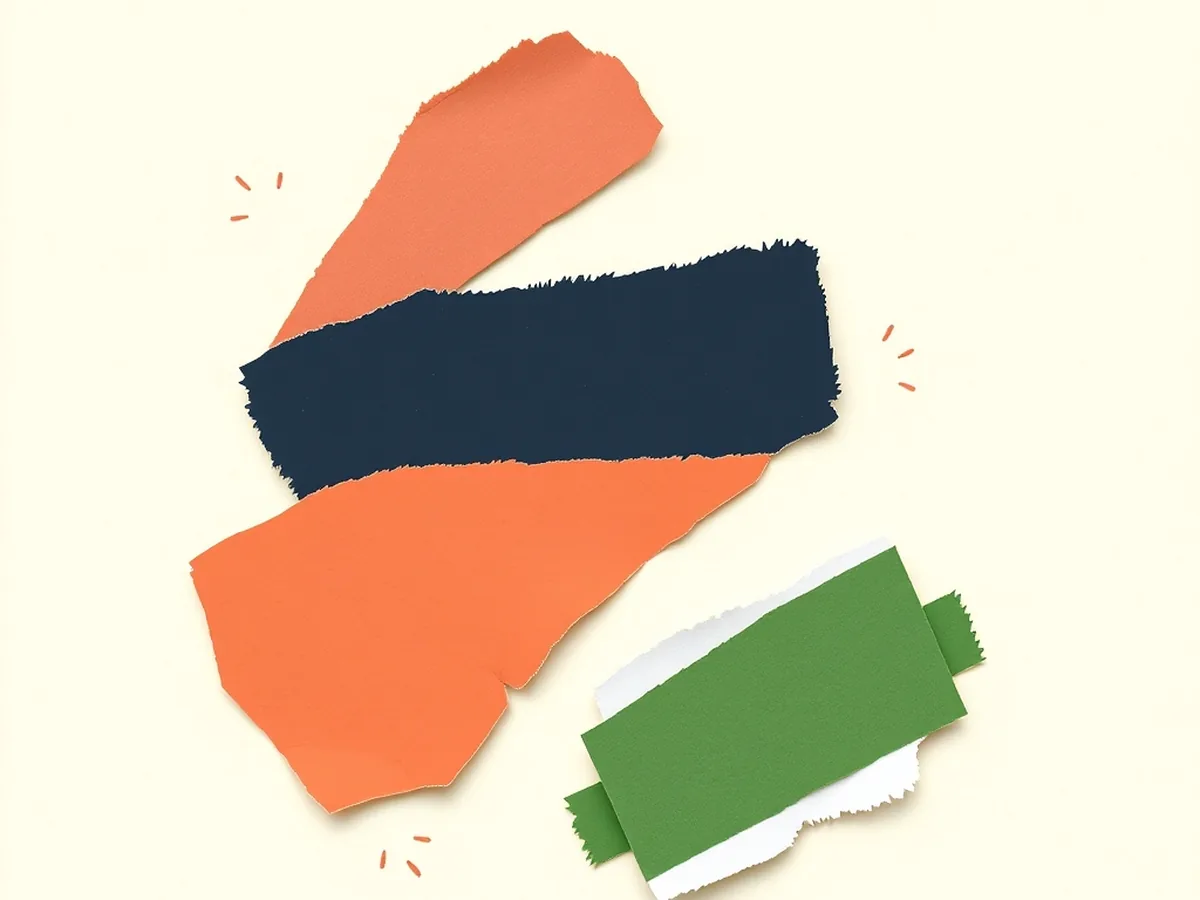 Three torn-paper shapes in coral, navy, and mustard on a staircase arrangement — three types of AI misinformation for middle school