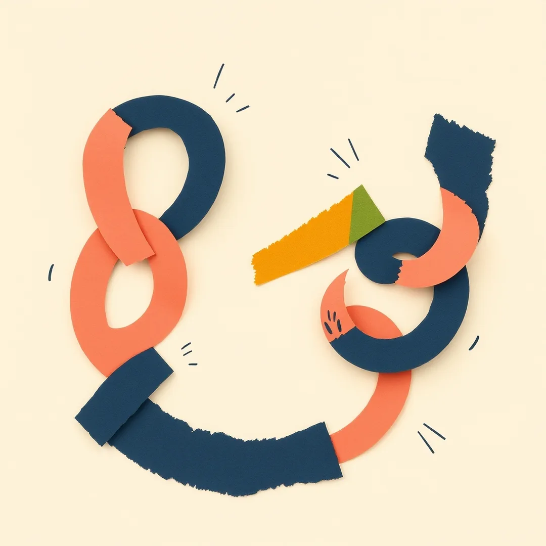 Abstract broken paper chain in alternating coral and navy rings with a green ring marking the break point, representing how AI hallucination breaks a chain of reasoning