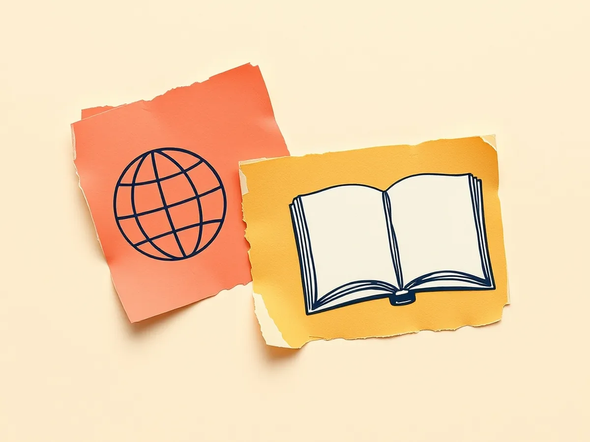 Three overlapping torn-paper scraps with globe arc, open-book, and pencil-tip doodles, representing AI policy across subject areas grades 6-8