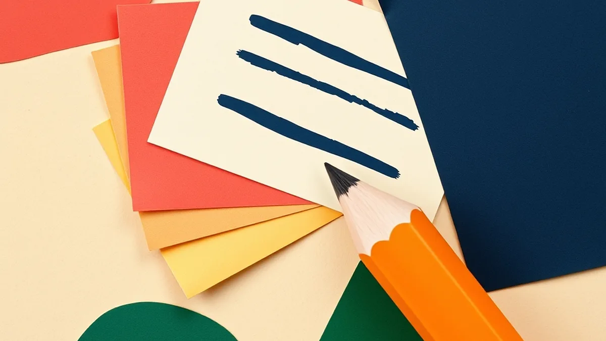 Warm paper collage of fanned activity cards and a coral pencil silhouette representing no-tech AI lesson materials for grades 6-8