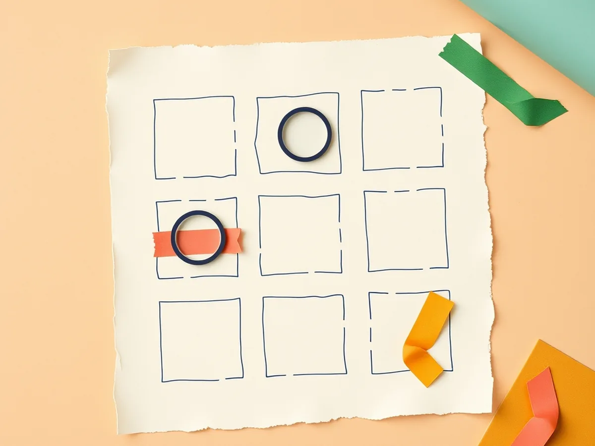 Flat-lay paper card with a nine-cell doodled grid and cut-paper icon shapes representing differentiated AI literacy tasks for middle school