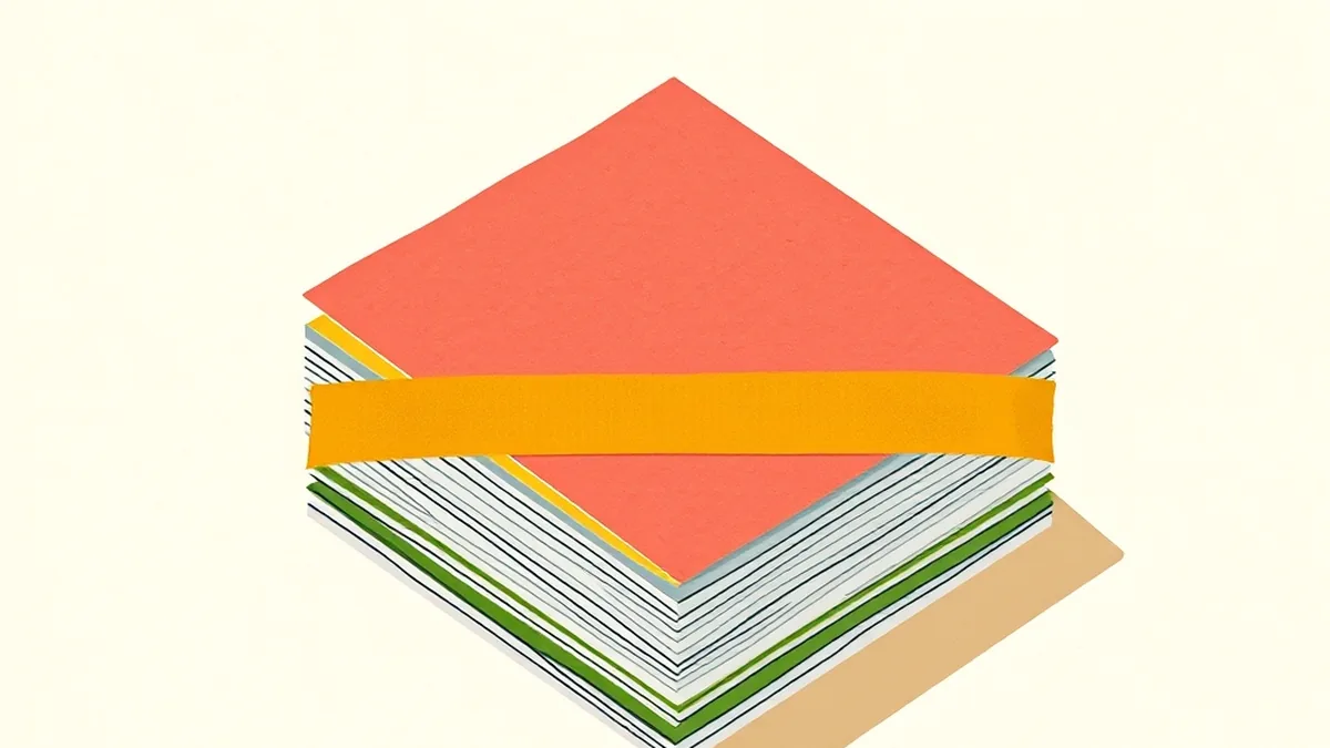 Stacked paper card deck in layered coral, mustard, and green, representing an ai literacy game middle school quiz activity on a warm cream desktop