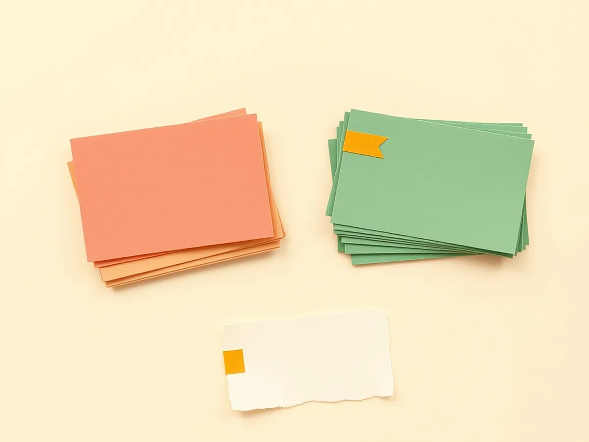Two sorted card stacks in coral and green tones with a single card mid-sort between them, illustrating the AI or Not card sort activity