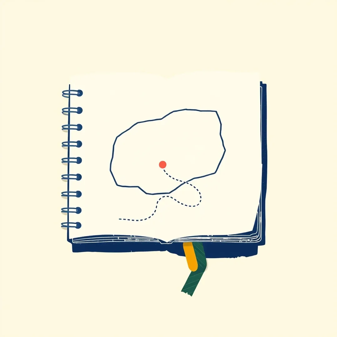 Open notebook page with an abstract region outline and a winding dashed path leading to a coral dot, representing the map-before-trip diagnostic approach