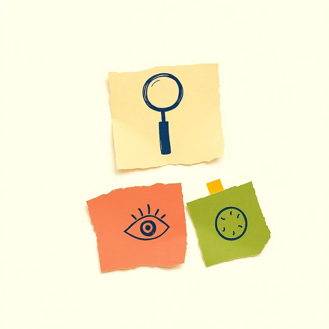 Three torn-paper scraps in coral, mustard, and green each bearing a single abstract icon, representing the three pillars of an AI literacy pre-assessment