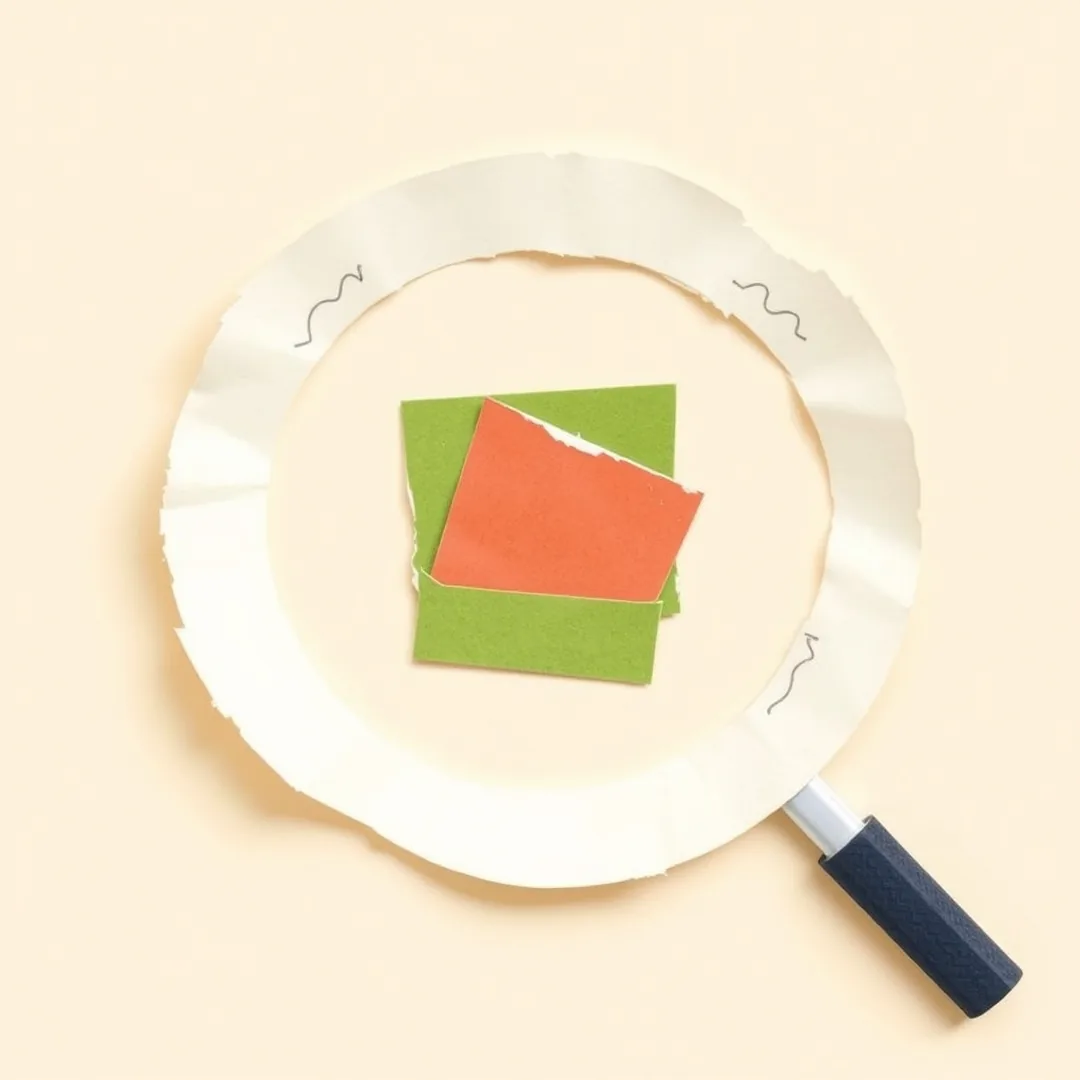 Paper-collage magnifying glass examining a torn coral and green paper scrap on cream, representing AI as an error-analysis partner whose diagnosis students must verify