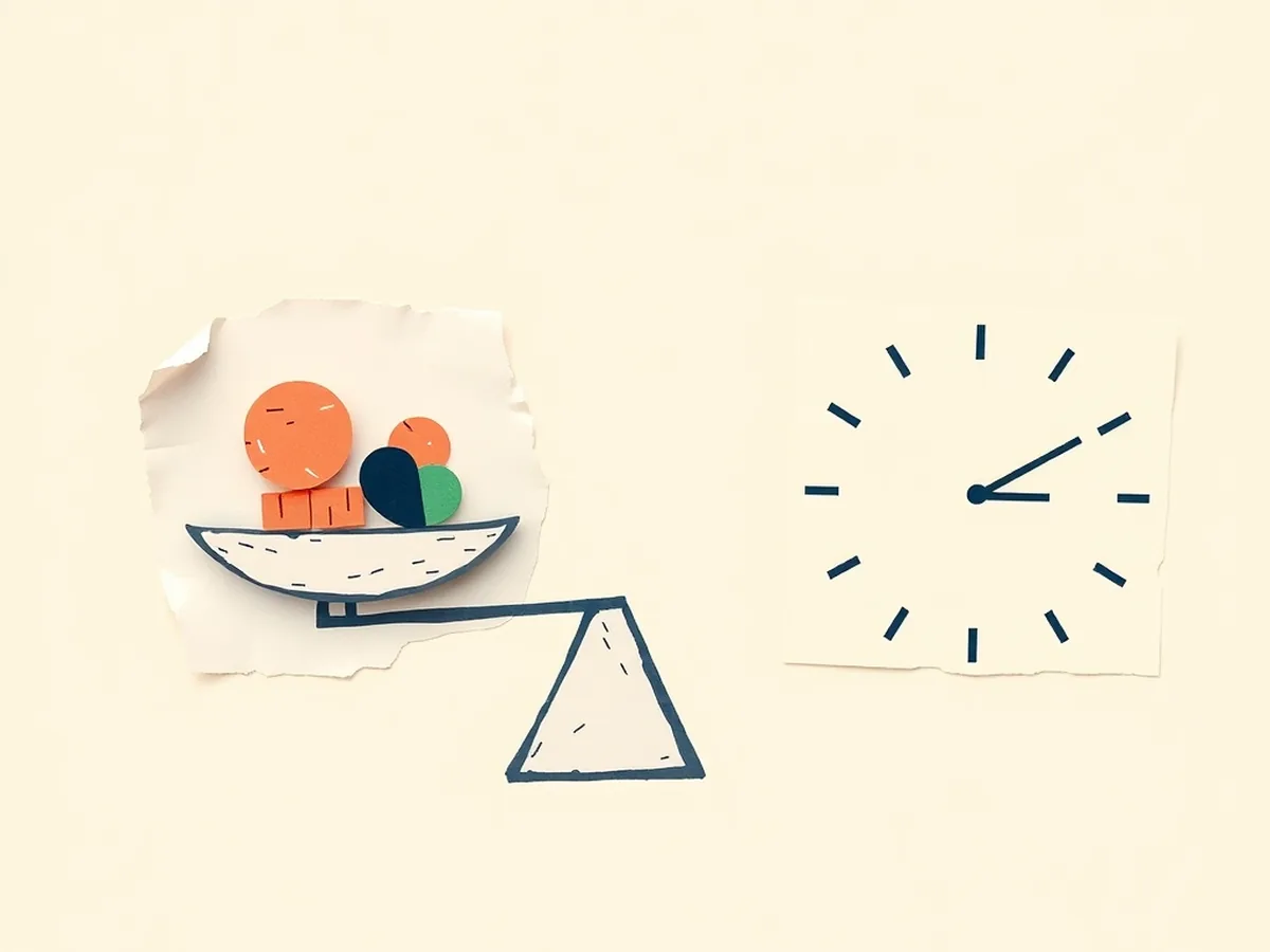 Cut-paper balance scale with abstract shapes on each pan beside a numberless clock face, representing a step-by-step timed grade 7 AI math lesson plan