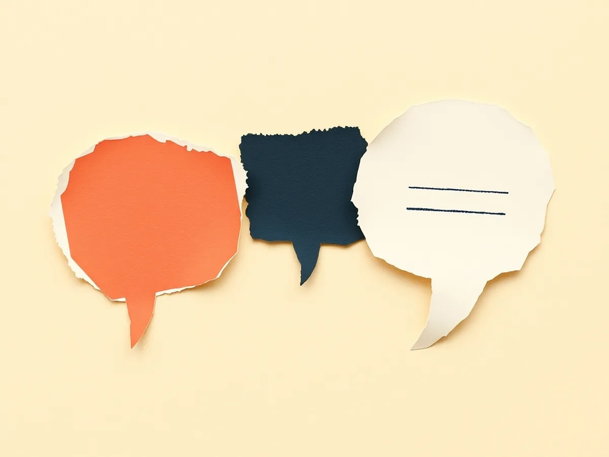Three torn-paper speech bubbles in coral, navy, and mustard with dash and star doodles on warm cream, representing curriculum night questions about AI in middle school