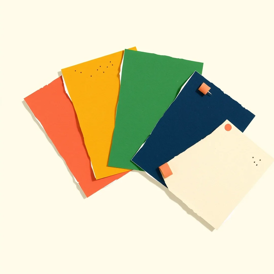 Five color-coded paper note cards fanned like a hand of cards in coral mustard green navy and cream representing CRAFT framework sections