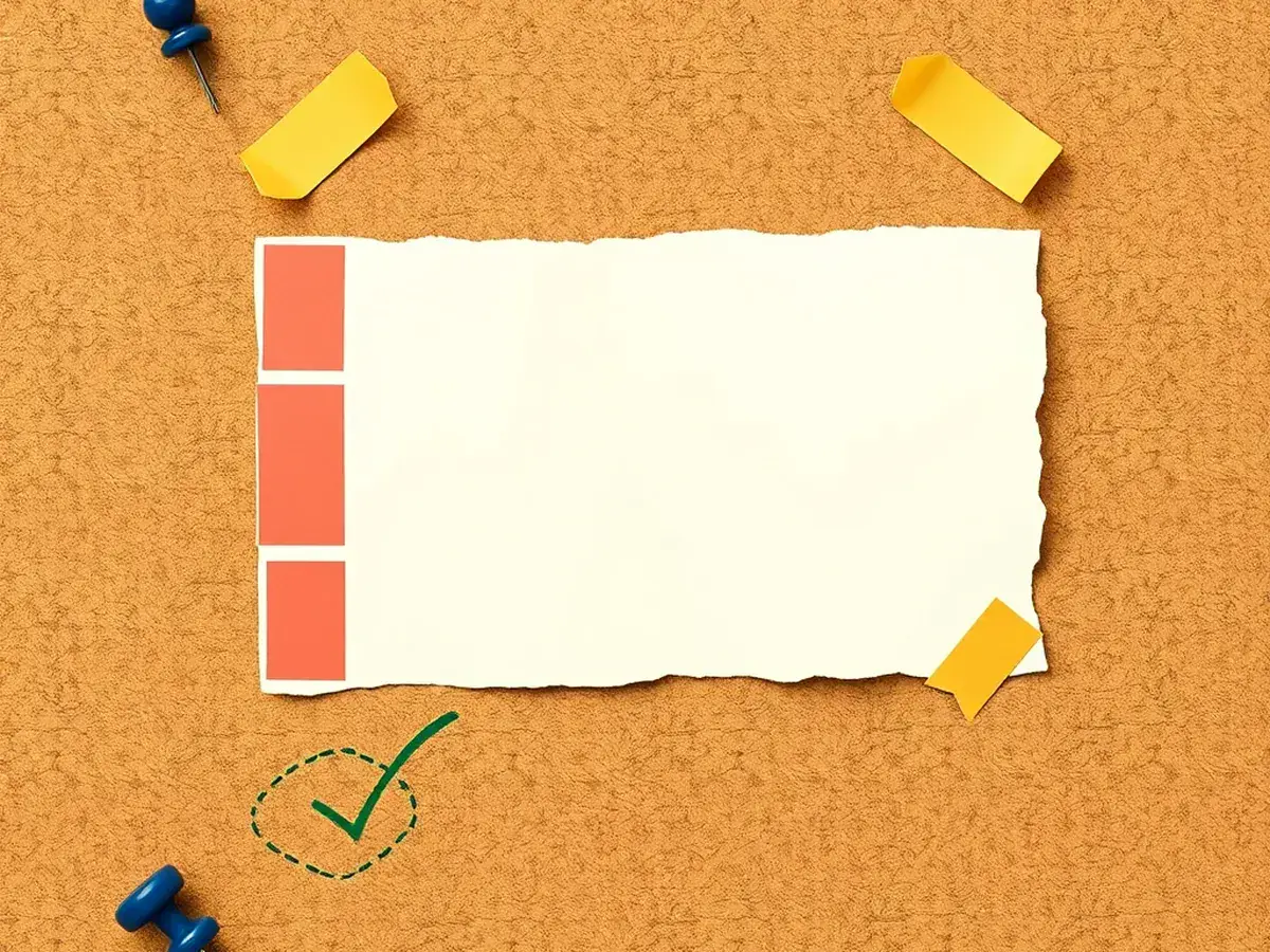 Classroom bulletin board corner with torn cream paper panel anchored by mustard washi tape and coral arrow doodle on cork surface