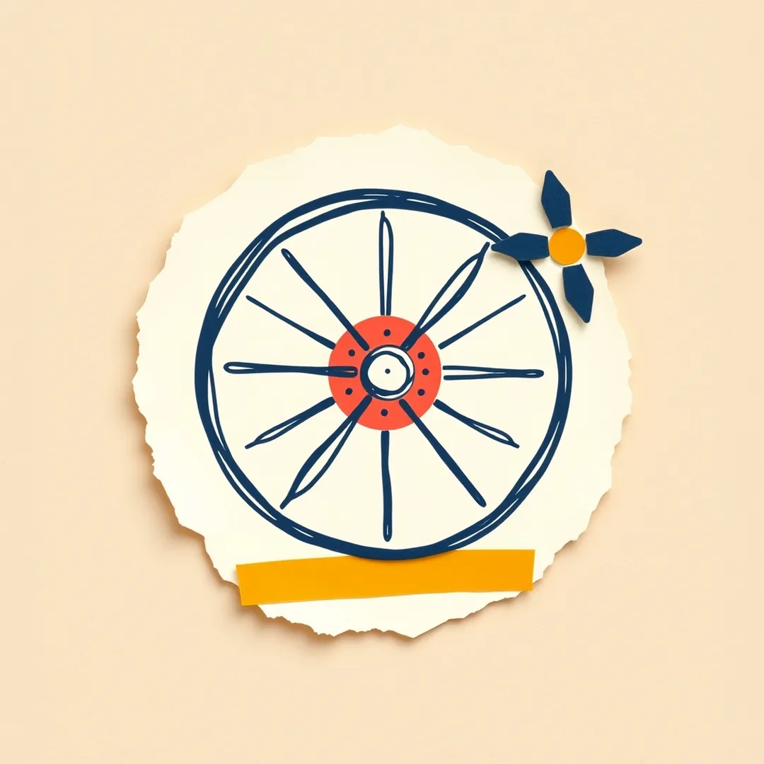 Navy circular standards badge with coral accent ring and mustard dot cluster on cream corkboard with starburst doodle beside it