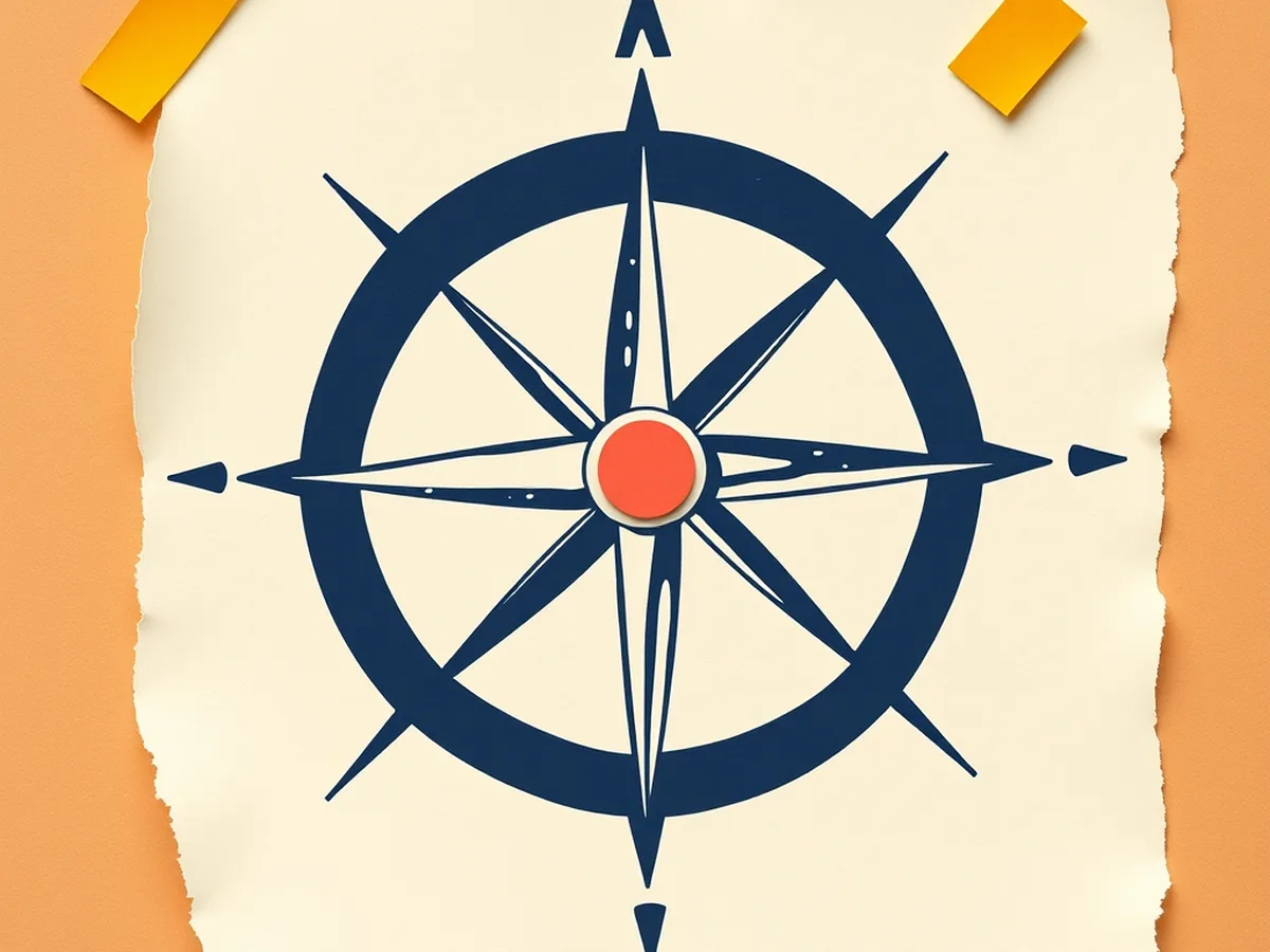 Navy compass rose with coral center dot and three ascending torn-paper bars in mustard coral and green representing standards-aligned design structure