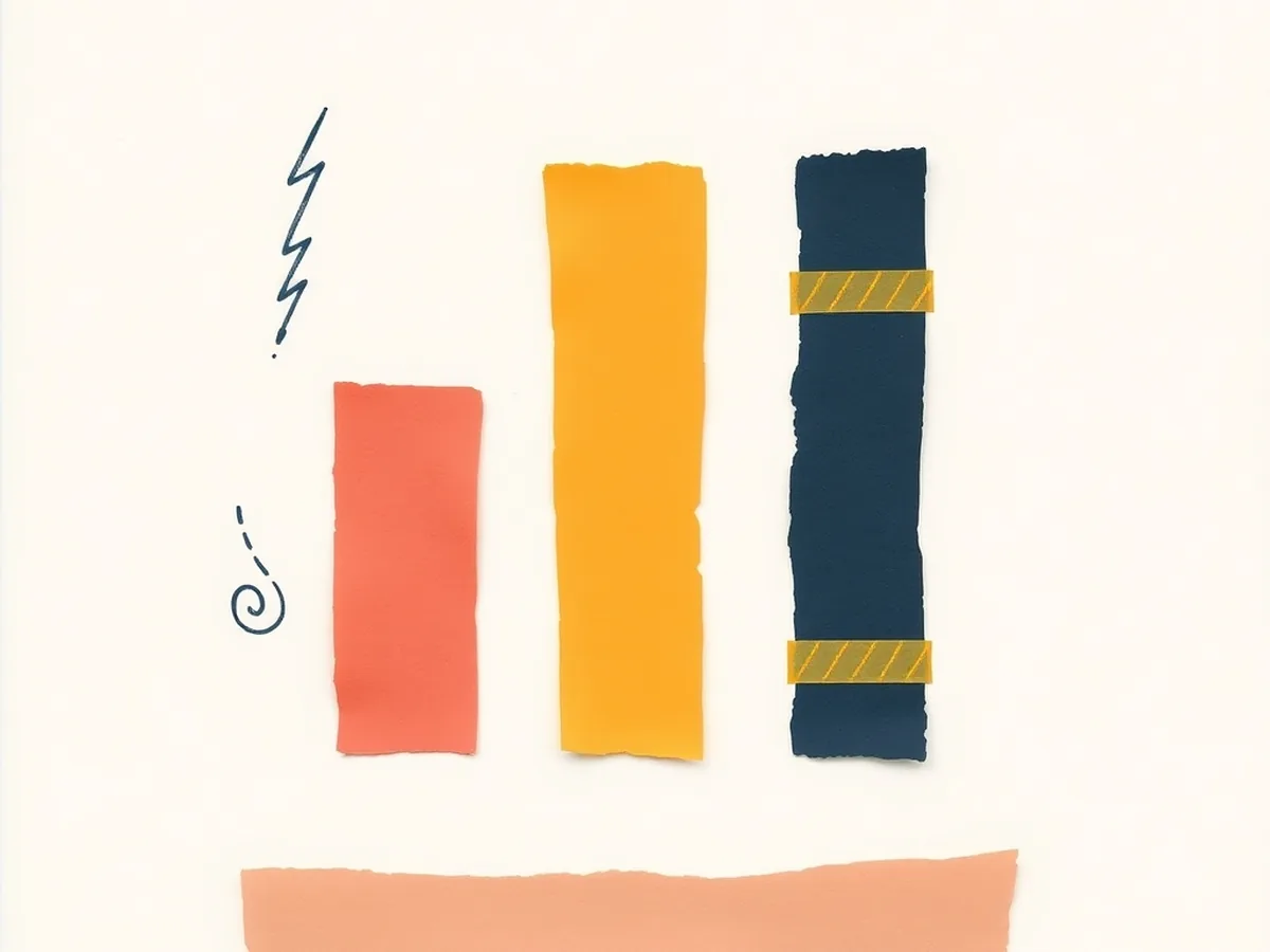 Three torn-paper bars of different heights in coral, mustard, and navy beside a lightning bolt and water-drop doodle, representing the AI carbon-cost data lab