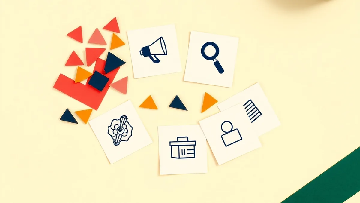 AI vocabulary worksheet middle school — overhead paper-collage planning desk with illustrated icon cards in coral and navy