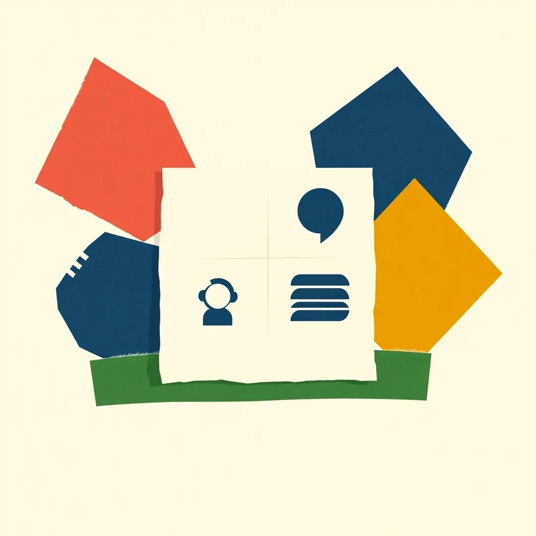 Illustrated icon cards for foundational AI vocabulary terms arranged in a collage grid on cream paper