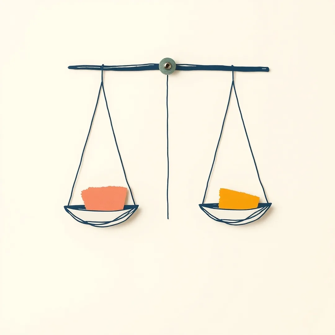 Hand-drawn balance scale with coral and mustard torn paper scraps in each pan — comparing the 5 AI writing mechanics