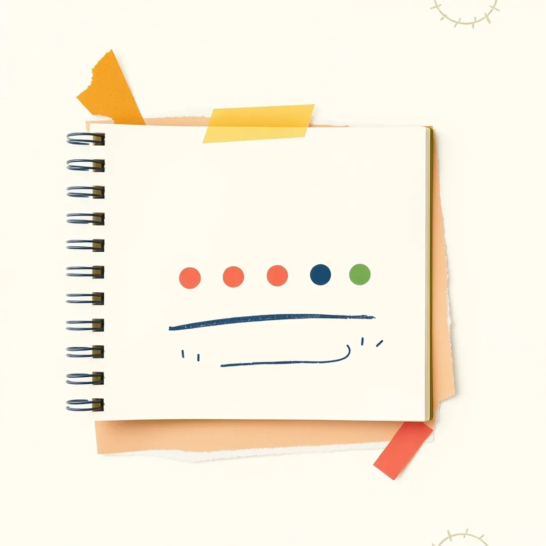 Open spiral notebook with three rows of dot tallies and a navy arrow — the 45-minute activity arc progression