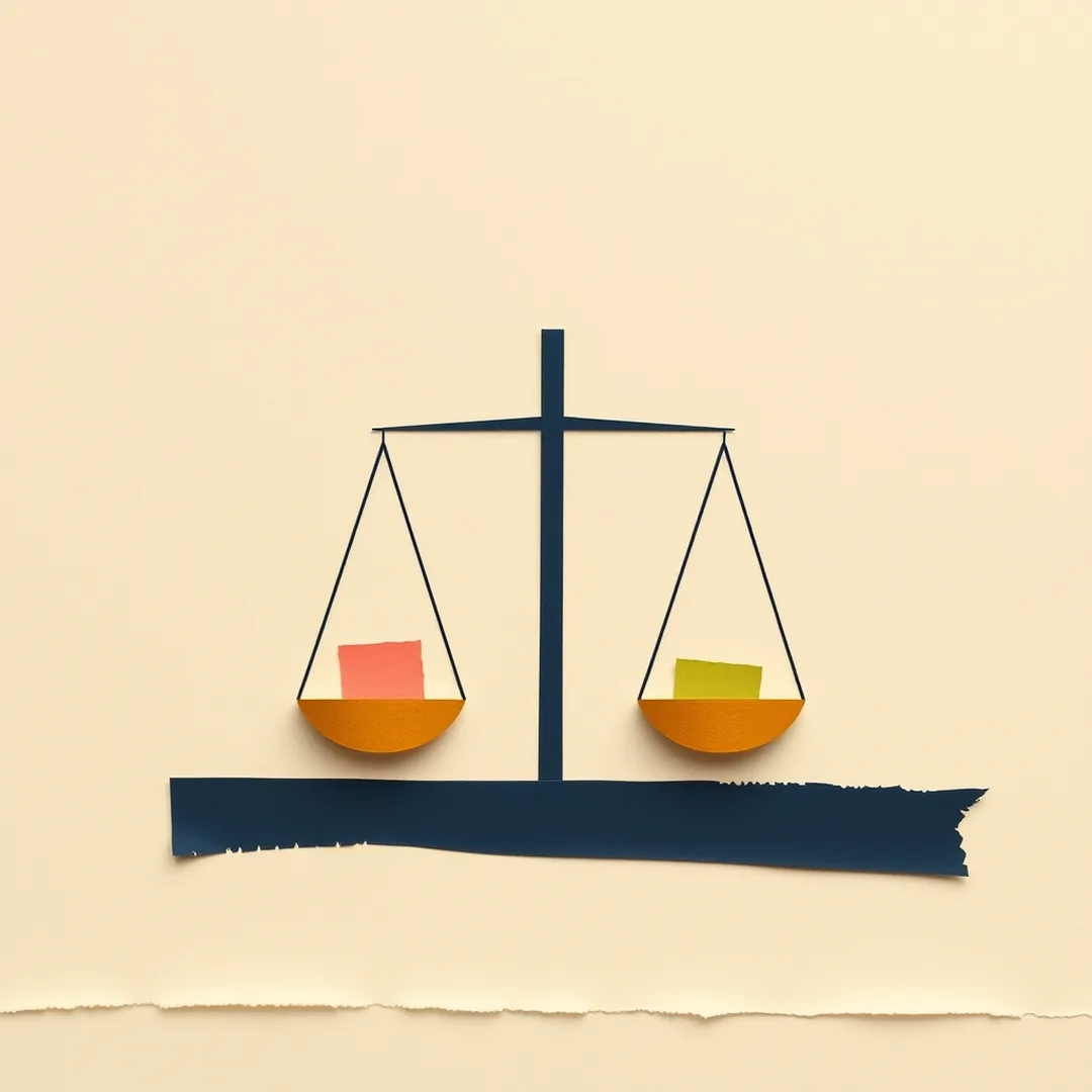 Paper collage balance scale with one pan tilted lower representing students comparing and clarifying confusing AI concepts