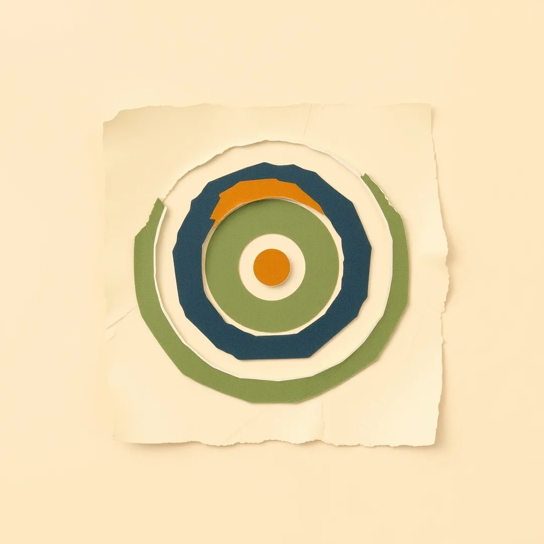 Concentric torn paper bullseye rings in coral, mustard, green, and navy on cream background, representing prompt precision in the CRAFT framework