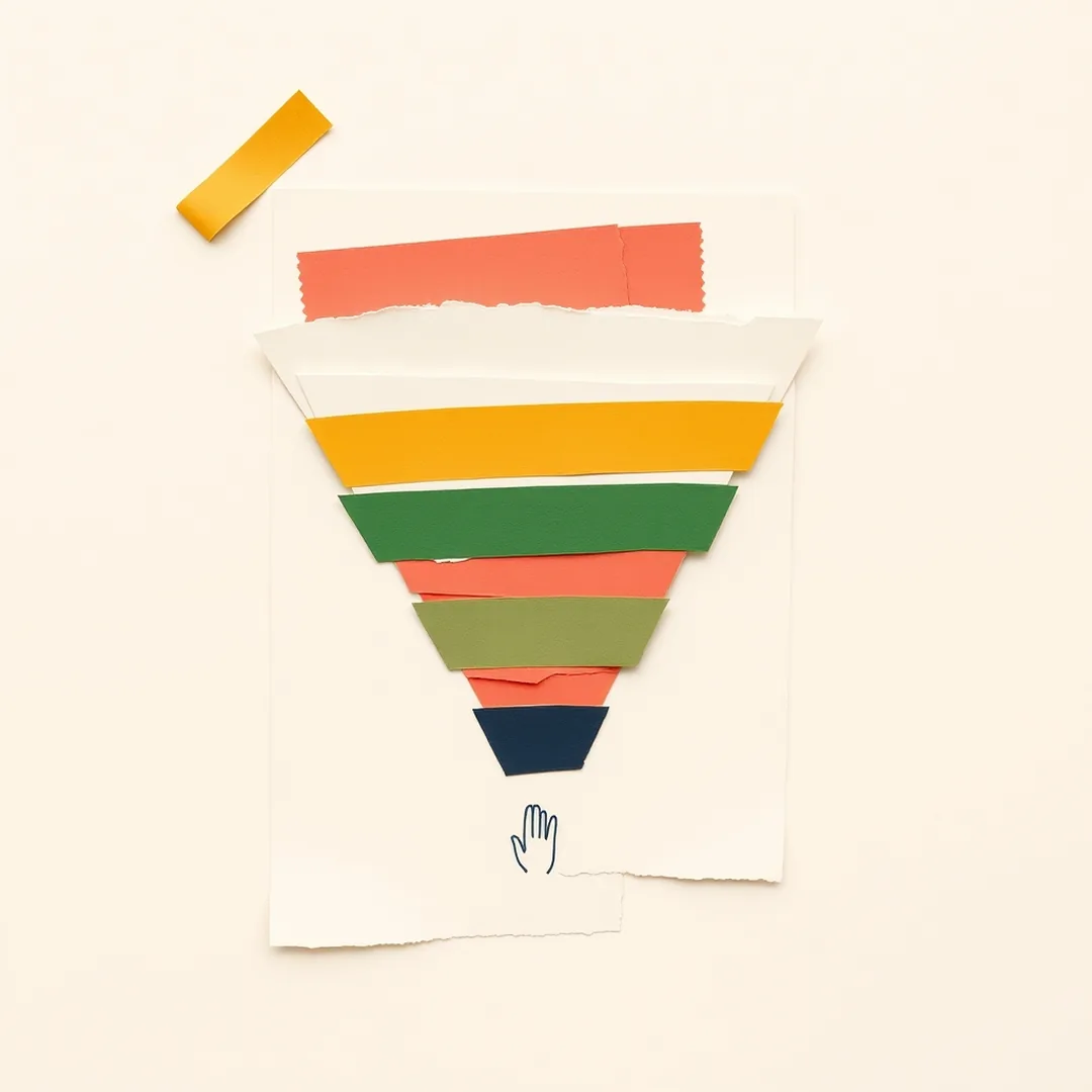 Abstract paper funnel made from layered torn strips in coral, mustard, and green on cream background, representing AI prompt filtering for middle school students