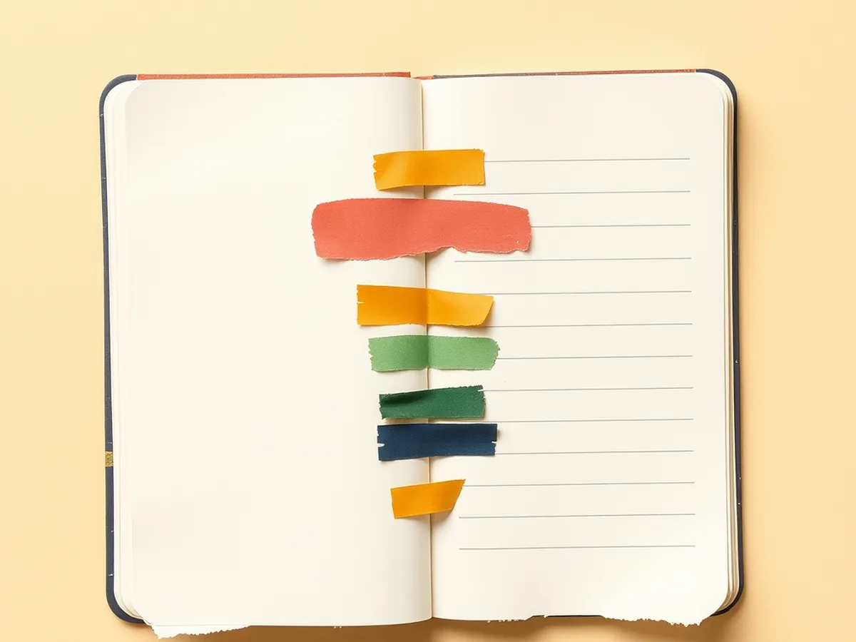 Open notebook with five abstract colored oval dots in a loose column representing scaffolding moves for AI literacy