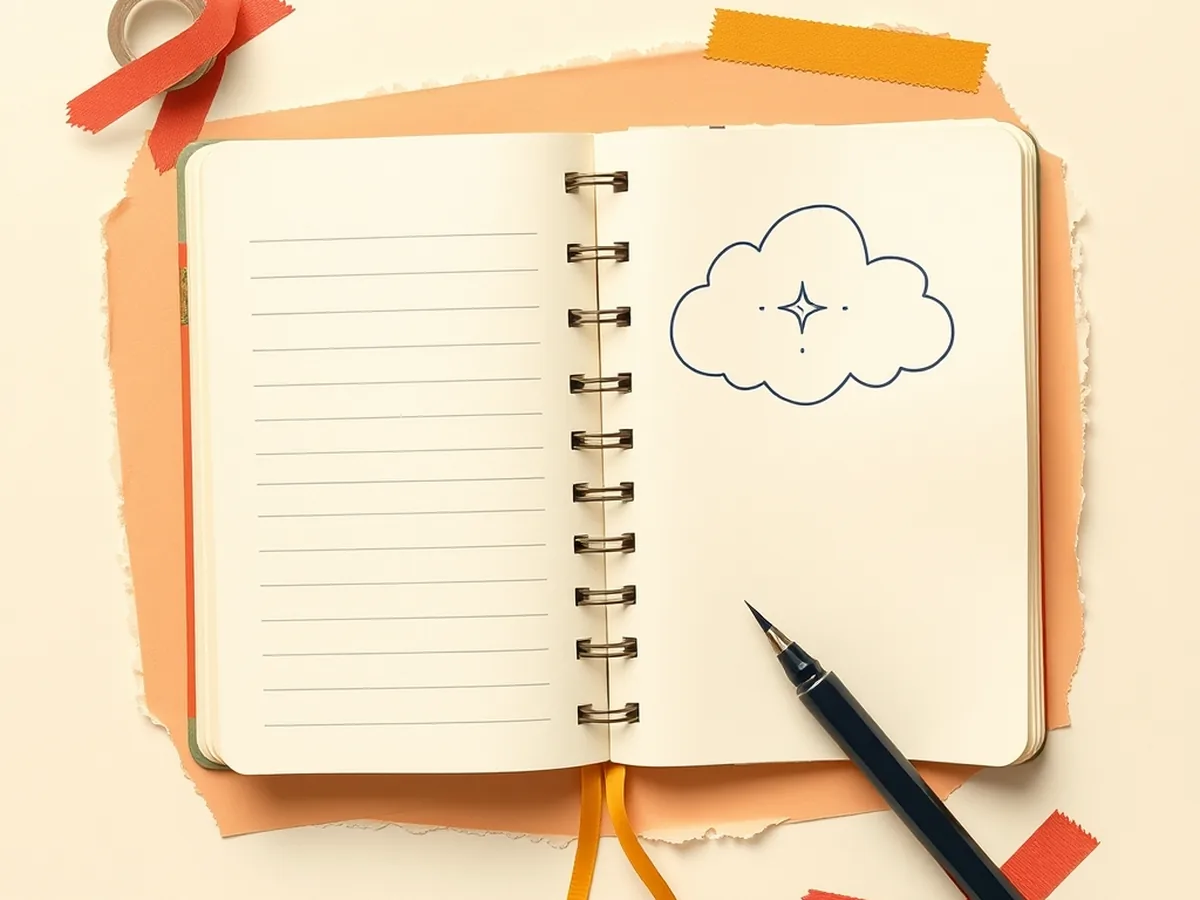 Open spiral notebook on cream paper with a cloud thought-bubble doodle rising from its pages and a green checkmark, representing a student reflection routine