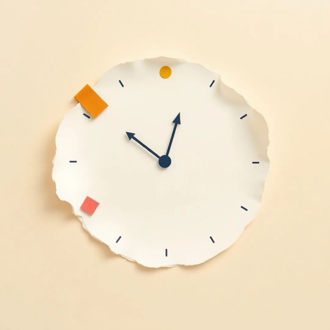 Torn paper clock face with coral, mustard, and green phase dots arranged around it, representing the three-phase structure of a free AI literacy lesson plan for grade 7