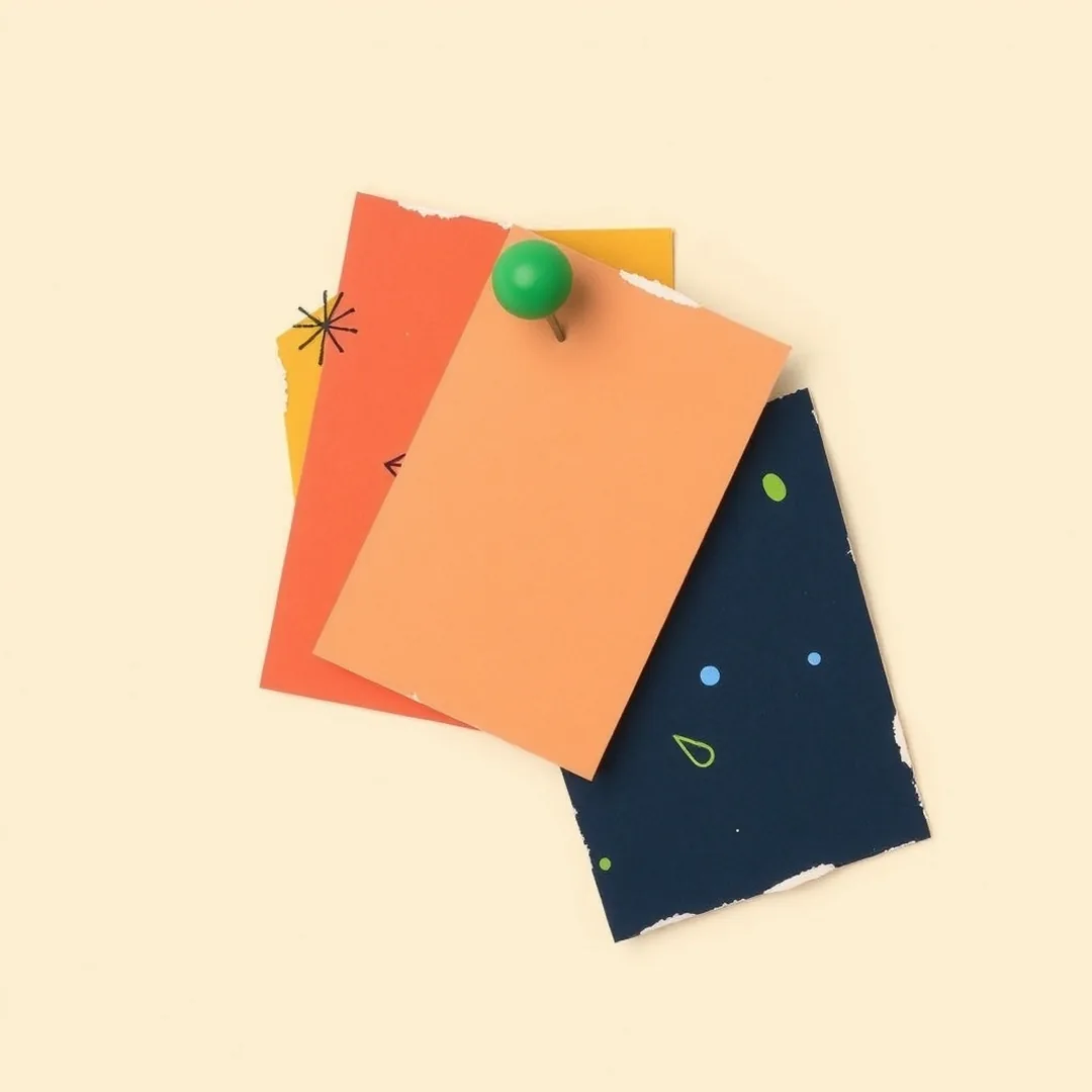 Three stacked torn paper cards in coral, mustard, and navy anchored by a green push pin, representing scaffolded lesson handouts for a grade 7 AI literacy lesson