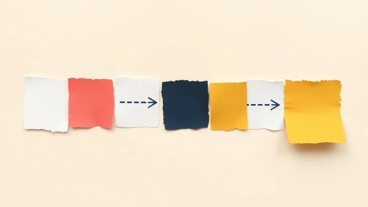Paper collage word chain in coral and navy showing how generative AI predicts text one word at a time for a grade 7 lesson