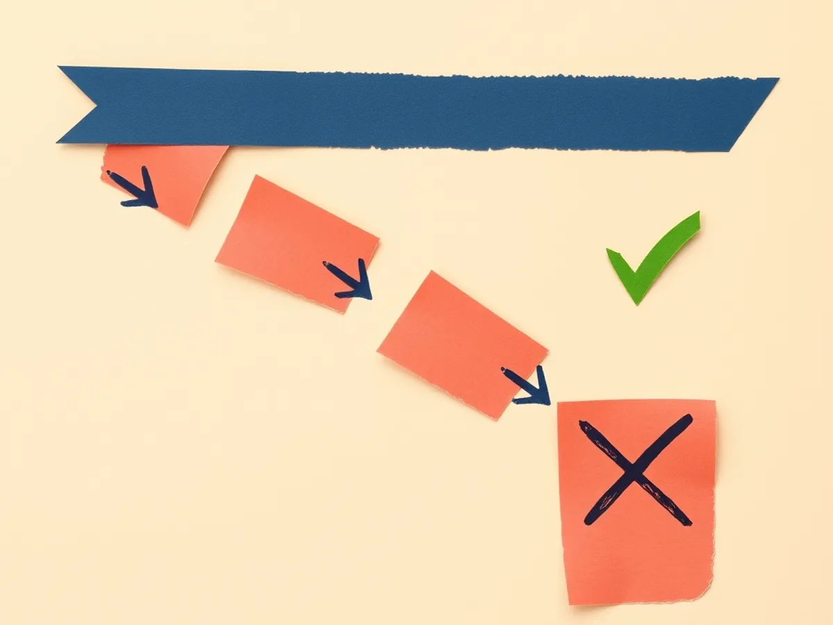 Coral paper chain with bold arrows pointing to a wrong off-white endpoint marked with an X — representing AI hallucination confident wrong answer concept for middle school students