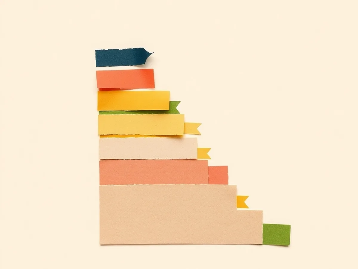 Ten alternating color torn-paper blocks in a rising staircase — representing a sequential ten-day lesson progression