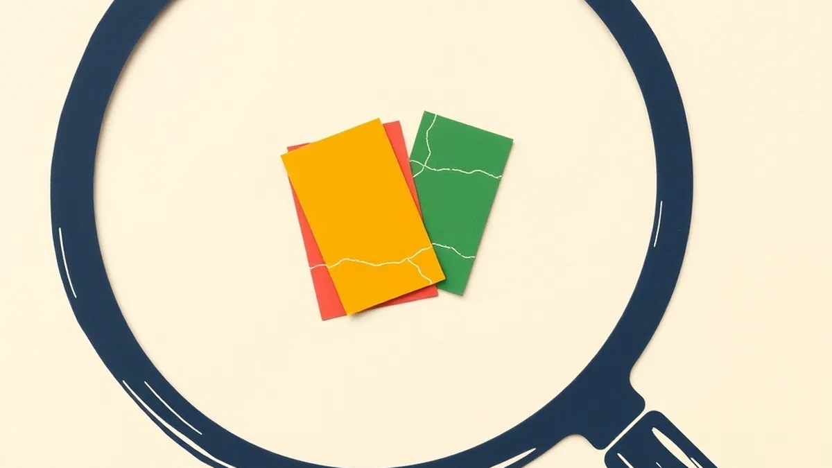 Magnifying glass over a layered mismatched paper collage shape on cream — examining deepfakes with middle school students