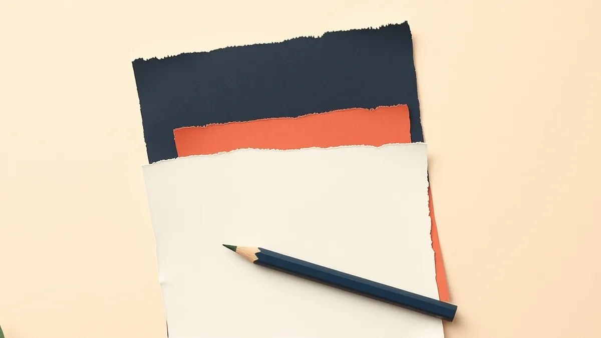 Three blank torn-paper reading sheets in navy, coral, and green beside a pencil on warm cream, showing how teachers use AI to prep reading comprehension